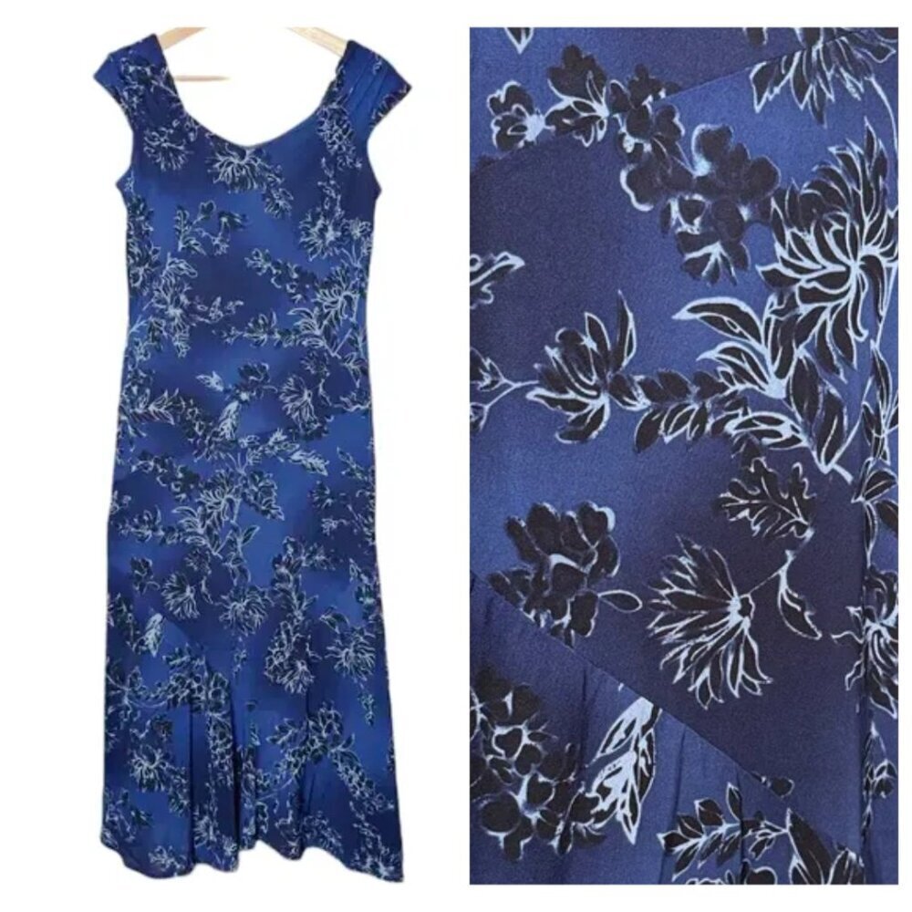 Y2K Sheer Mesh Overlay Blue Floral Bias Cut Midi Slip Dress Celestial Fairy MED